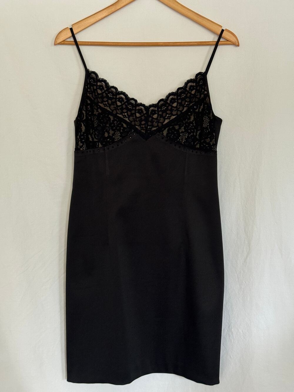 Vintage Laundry Shelli Segal Black Satin Midi Dress Spaghetti Straps Lace